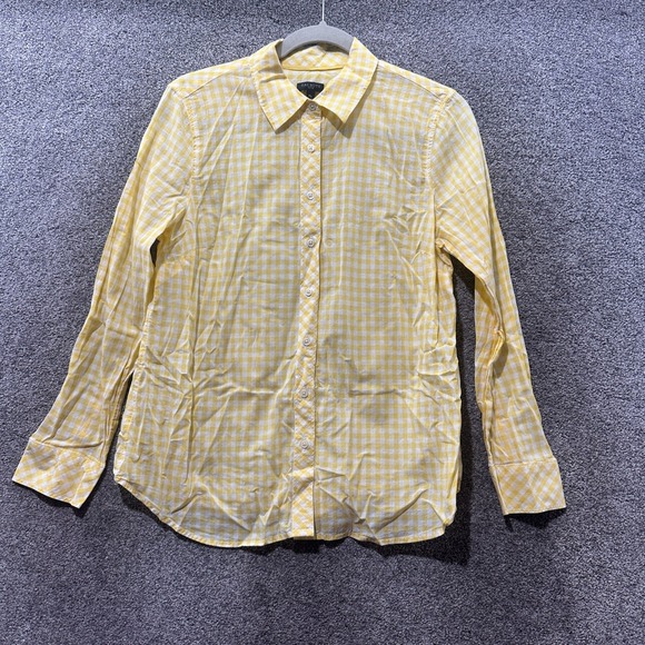 Talbots Tops - Talbots Button Up Top Women Medium Petite Yellow Gingam Cotton Long Sleeve